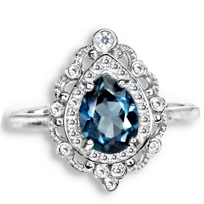 Deluxe Natural London Blue Topaz White Cz Solid .925 Sterling Silver Ring Size 8 or Q