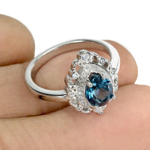 Deluxe Natural London Blue Topaz White Cz Solid .925 Sterling Silver Ring Size 8 or Q