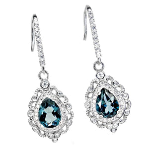 Natural London Blue Topaz CZ Gemstone Solid .925 Sterling Silver 14K White Gold Earrings