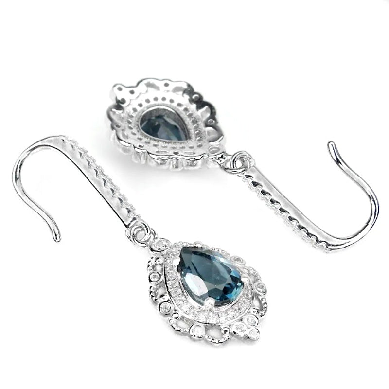 Natural London Blue Topaz CZ Gemstone Solid .925 Sterling Silver 14K White Gold Earrings