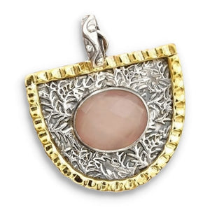 Two Tone Natural Rose Quartz Solid.925 Sterling Silver Pendant