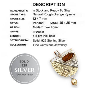 Two Tone Natural Rough Orange Kyanite Gemstone Solid .925 Sterling Silver Pendant