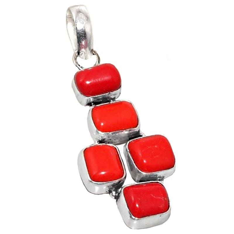 Handmade Geometric Vibrant Red Coral Gemstone .925 Silver Pendant