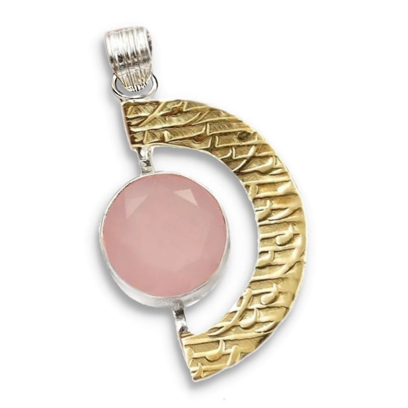 Two Tone Natural Rose Quartz Solid.925 Sterling Silver Pendant