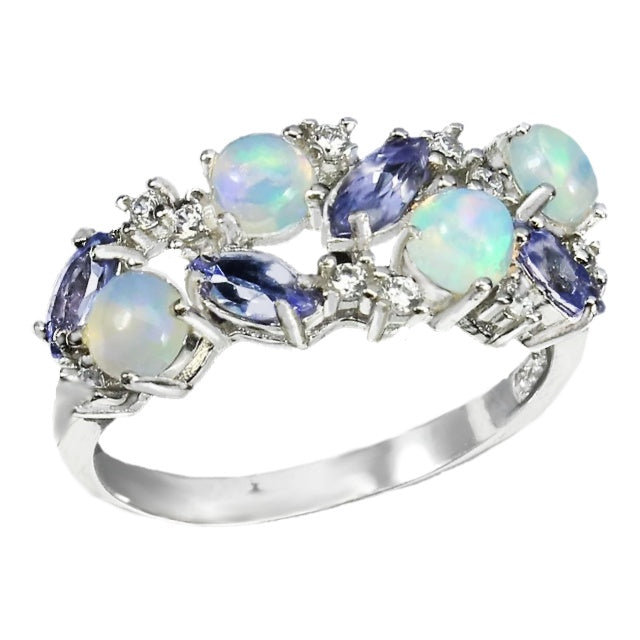 Ethiopian Fire Opal And Tanzanite, CZ Gemstone Solid .925 Sterling Ring Size US 8 or Q