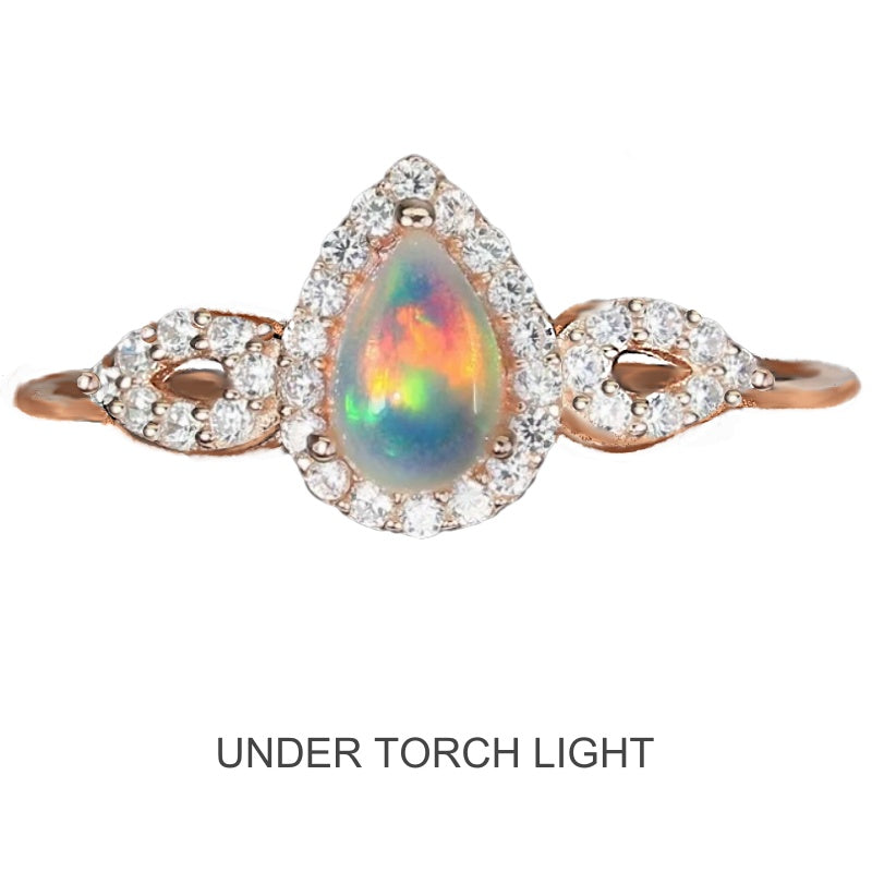 Natural Ethiopian Fire Opal AAA White Cubic Zirconia Gemstone Solid .925 Sterling 14K Rose Gold Ring Size US 8/Q