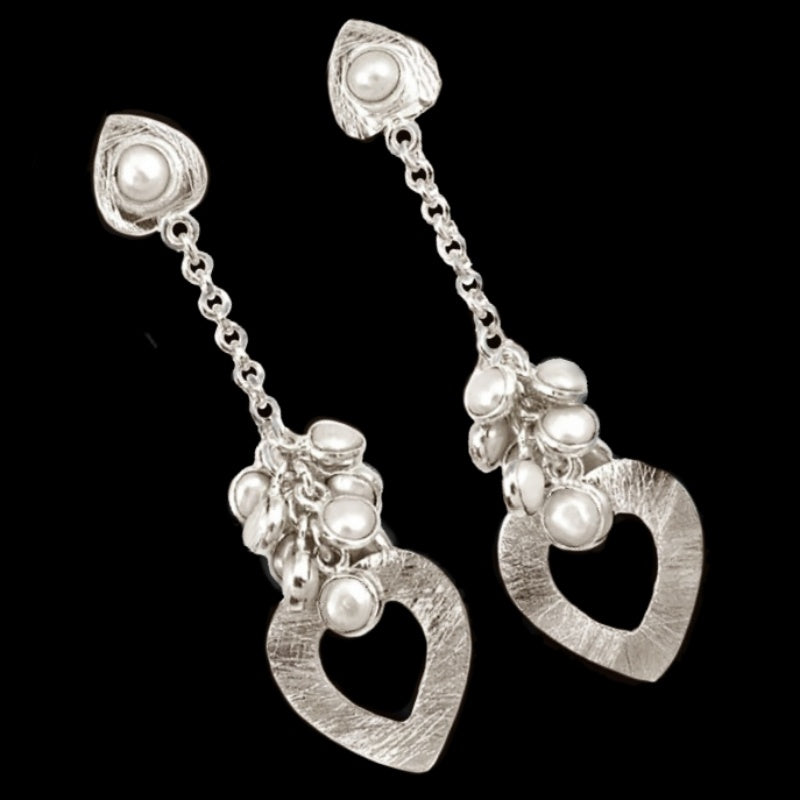 9.62 Cts Natural White Pearl and Textured Heart Drop Dangle Solid .925 Sterling Silver Fine Earrings