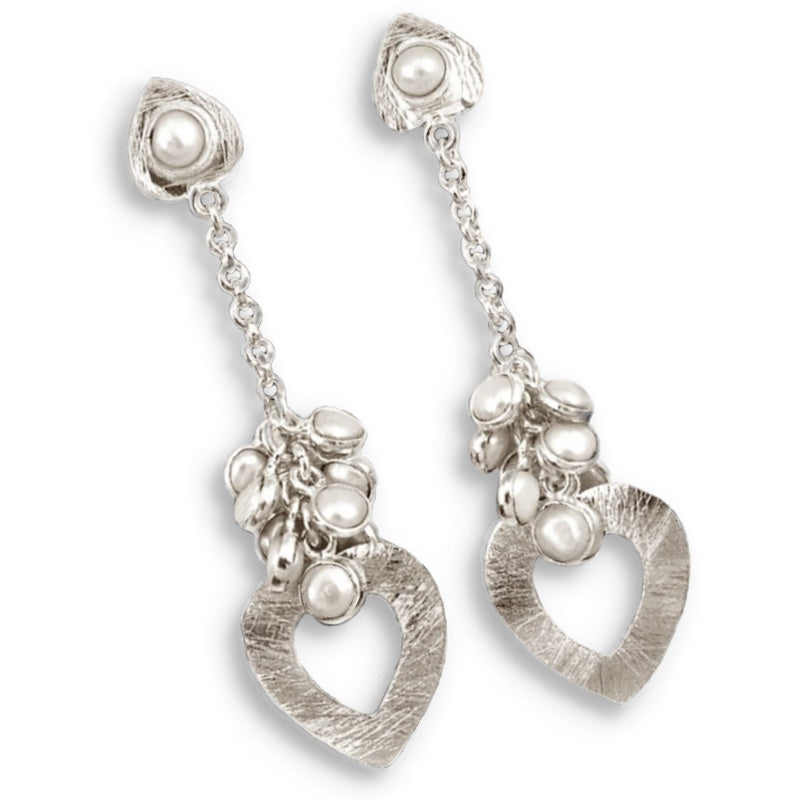 9.62 Cts Natural White Pearl and Textured Heart Drop Dangle Solid .925 Sterling Silver Fine Earrings