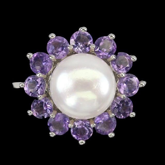 AAA Natural Unheated Purple Amethyst and White Pearl set in Solid .925 Silver 14K White Gold Ring Size 7 or O