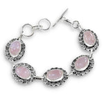 Natural Soft Pink Rose Quartz Gemstone Antique Cushion Set .925 Silver Bracelet