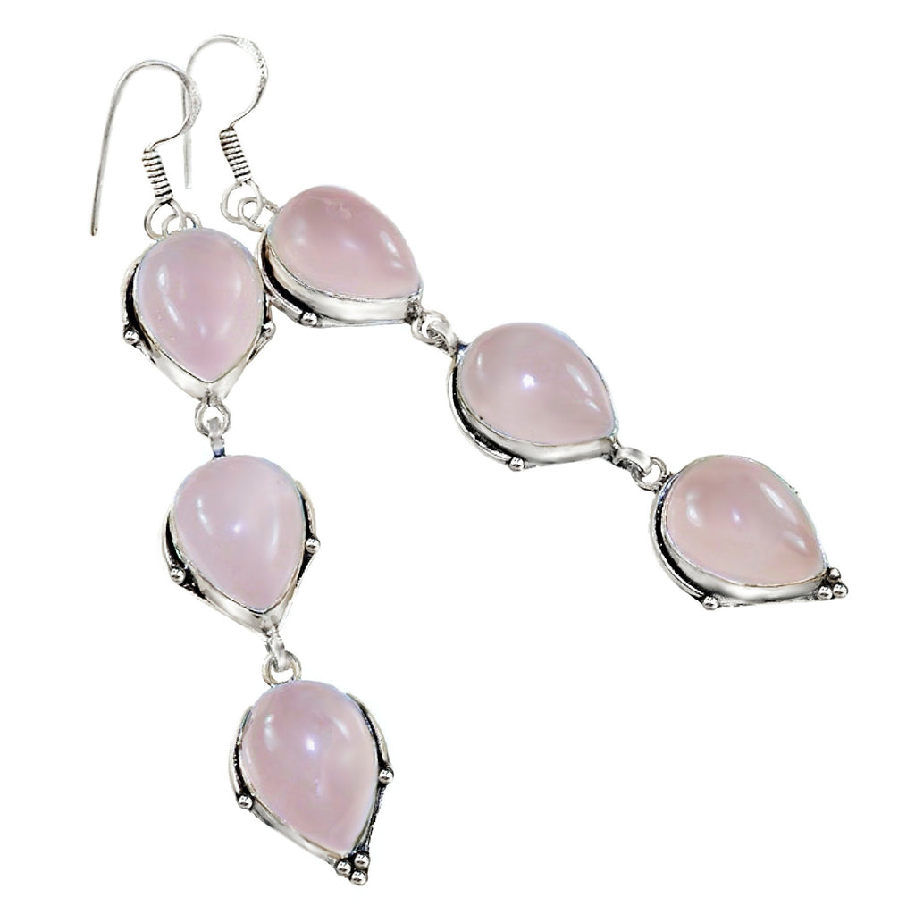 Natural Pink Rose Quartz Long Dangle Earrings .925 Silver