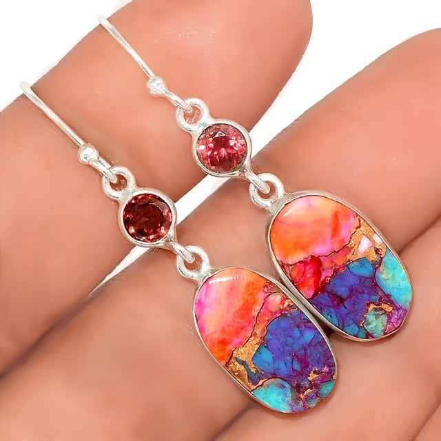 Natural Kingman Pink Dahlia Turquoise and Garnet Gemstone Solid .925 Sterling Silver Earrings