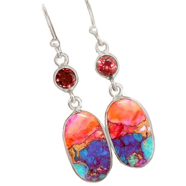 Natural Kingman Pink Dahlia Turquoise and Garnet Gemstone Solid .925 Sterling Silver Earrings