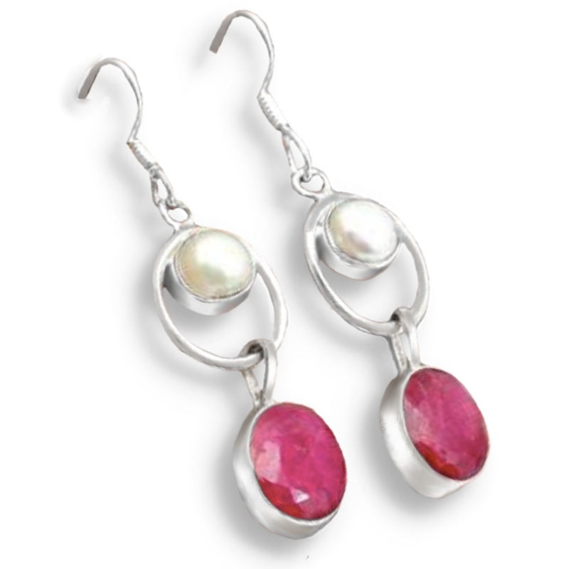 Natural Indian Ruby, Pearl Gemstone Solid .925 Sterling Silver Earrings