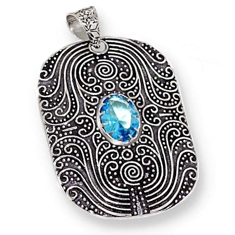 Handmade Antique Style Blue Topaz Oval Gemstone .925 Sterling Silver Pendant