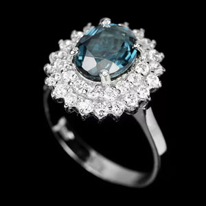 Deluxe 9 x 7 mm Natural London Blue Topaz White Cz Solid .925 Sterling Silver Size US 6.5 or N