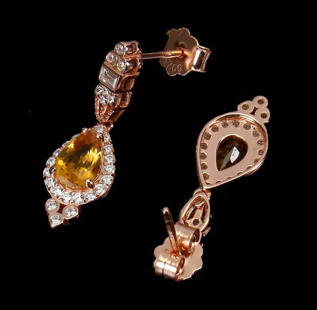 Natural Unheated Pear Citrine Gemstone  in Solid 925 Sterling Silver 14K Rose Gold Stud Earrings