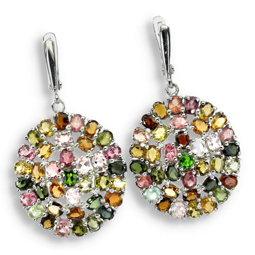 58 cts Deluxe Natural Unheated Multi-Tourmaline Solid. 925 Sterling Silver Earrings