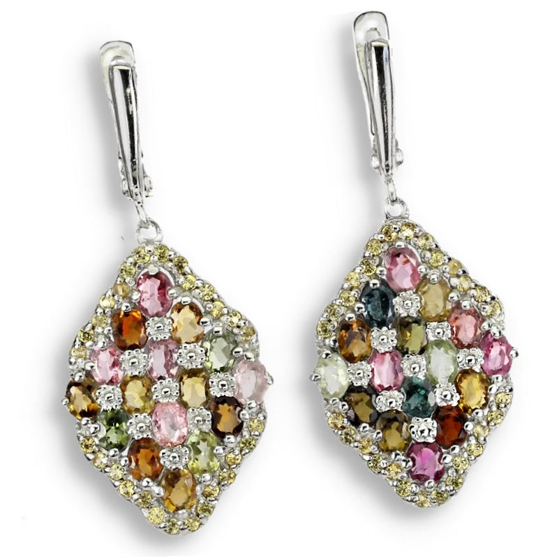 Natural Unheated Multi-Tourmaline and Sapphires Solid. 925 Sterling Silver Earrings