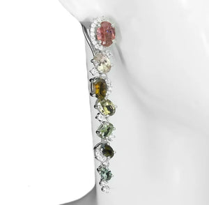 Deluxe Natural Unheated Multi-Tourmaline and AAA White Cubic Zirconia Solid. 925 Sterling Silver Earrings