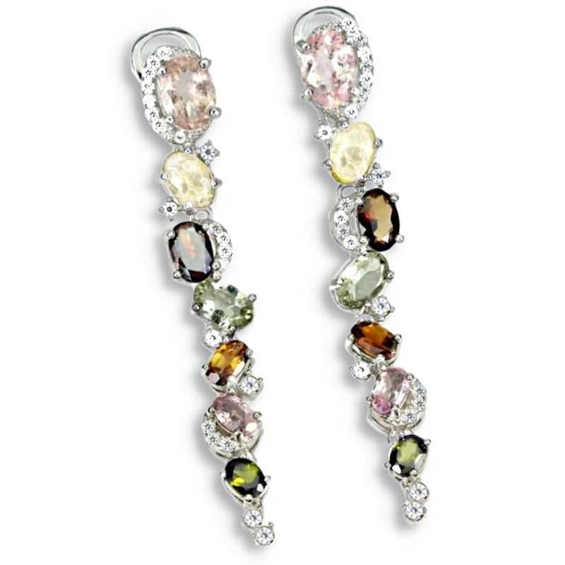 Deluxe Natural Unheated Multi-Tourmaline and AAA White Cubic Zirconia Solid. 925 Sterling Silver Earrings