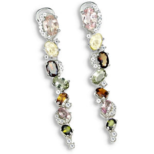 Deluxe Natural Unheated Multi-Tourmaline and AAA White Cubic Zirconia Solid. 925 Sterling Silver Earrings