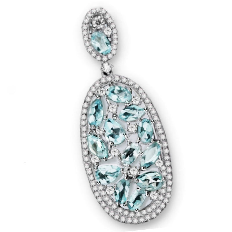 Deluxe 13 Natural Sky Blue Topaz, White CZ Solid 925 Sterling Silver 14K White Gold Pendant