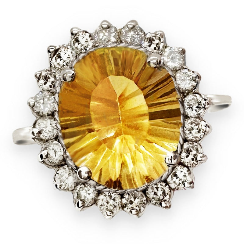 Natural Citrine, AAA White Cubic Zirconia Solid .925 Silver,14K White Gold Ring Size 9 or R1/2