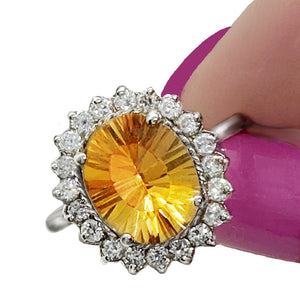 Natural Citrine, AAA White Cubic Zirconia Solid .925 Silver,14K White Gold Ring Size 9 or R1/2