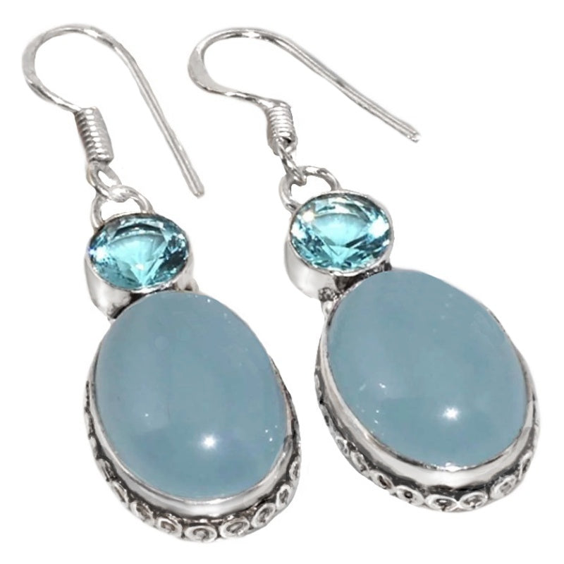 Aqua Blue Chalcedony Oval , Blue Topaz Gemstone,.925 Sterling Silver Earrings