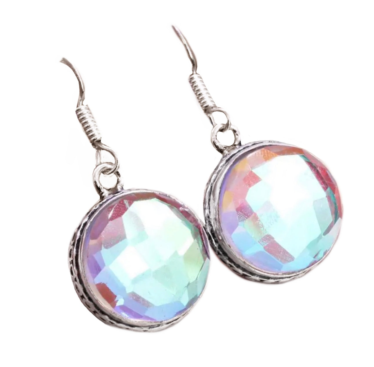 Aqua Pink Mystic Fire Topaz Round .925 Sterling Silver Earrings