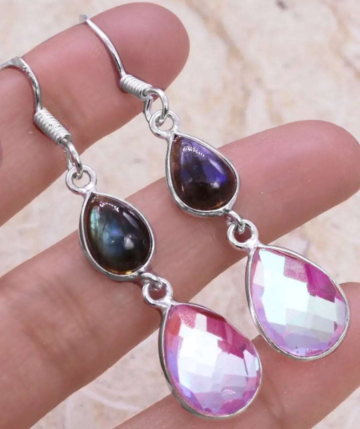 Handmade Aqua Pink Mystic Fire Topaz and Labradorite .925 Sterling Silver Earrings