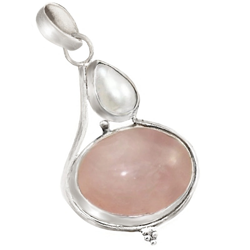 Natural Rose Quartz,Pearl Solid.925 Sterling Silver Pendant