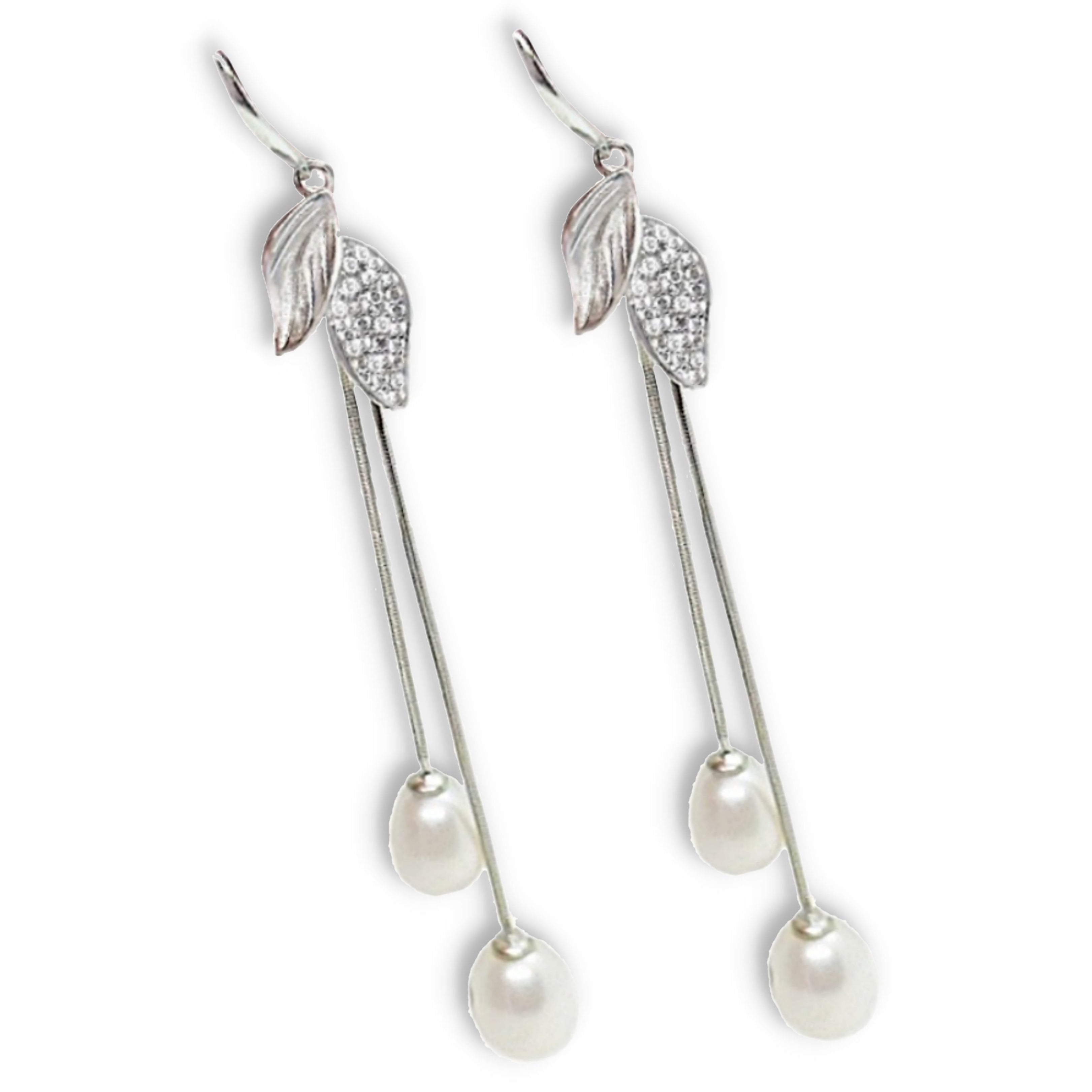 Elegant Creamy White Freshwater Pearl, White Cubic Zirc Solid .925 Sterling Silver Earrings