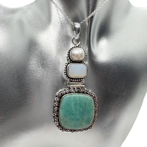 Natural Peruvian Amazonite, Opalite And Biwa Pearl .925 Sterling Silver Pendant