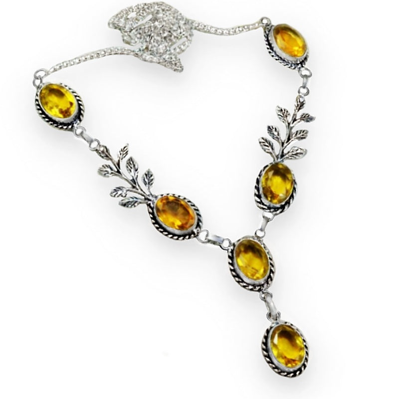 Faceted Citrine Oval Gemstones with Leaf Detailing .925 Sterling Silver Plated Necklace