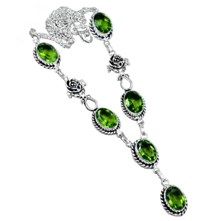 Handmade Peridot Gemstone Ovals with Rose Charm .925 Sterling Silver Necklace