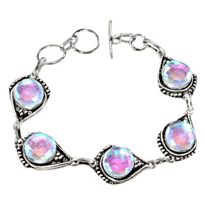 Aqua Pink Rainbow Mystic Topaz Gemstone .925 Sterling Silver Bracelet