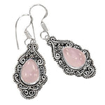 Handmade Rose Quartz Pear Gemstone Antique Setting  .925 Silver Earrings