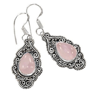 Handmade Rose Quartz Pear Gemstone Antique Setting  .925 Silver Earrings