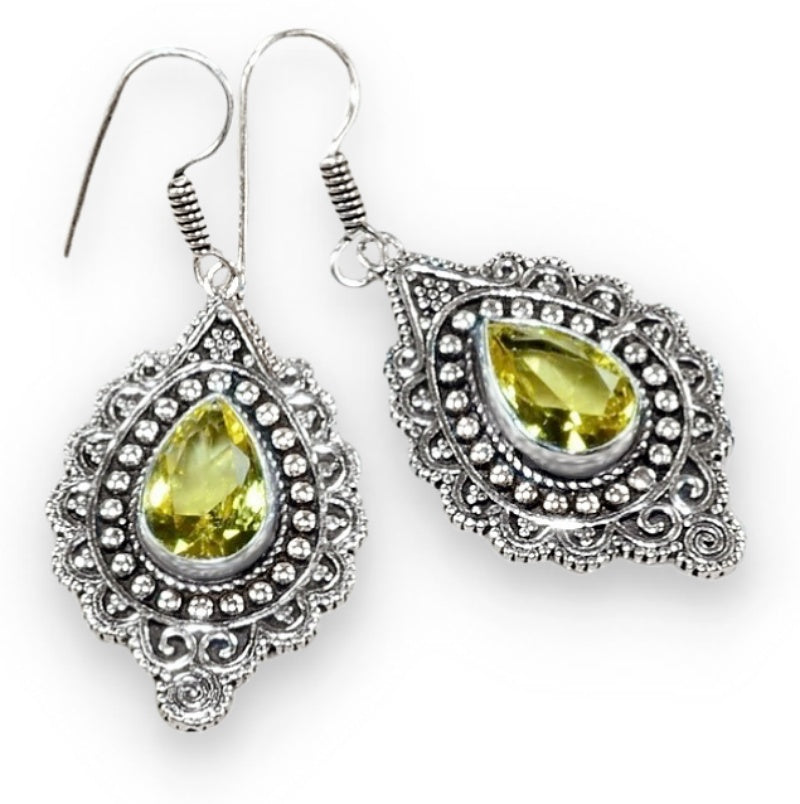 Handmade Antique Style Citrine Pear Gemstone .925 Silver Earrings