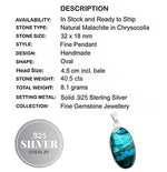 Natural Malachite in Chrysocolla Gemstone Solid. 925 Sterling Silver Pendant