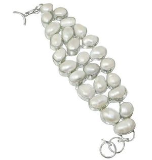 20 Breathtaking Natural Creamy White Biwa Pearls set in .925  Sterling Silver Bracelet