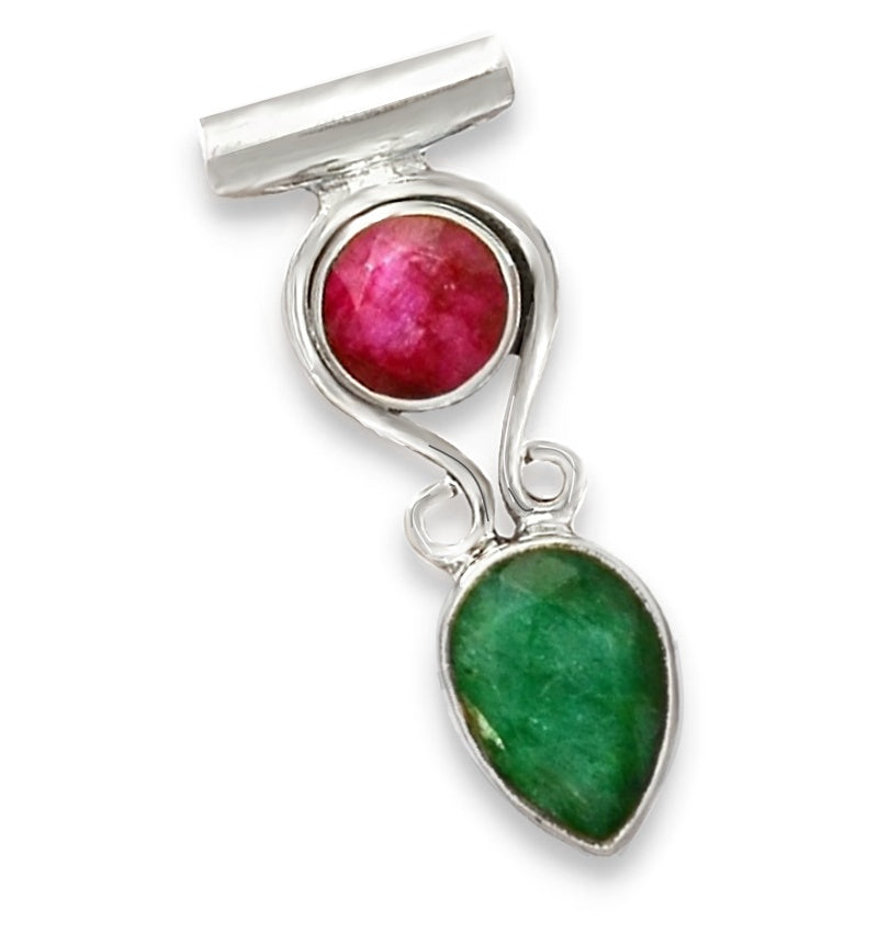 Natural Indian Ruby and Emerald Gemstone In Solid .925 Silver Pendant