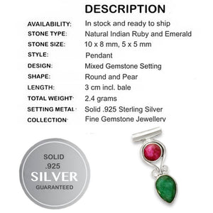 Natural Indian Ruby and Emerald Gemstone In Solid .925 Silver Pendant