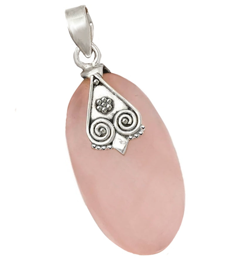 Natural Rose Quartz Oval Gemstone set with Solid.925 Sterling Silver Pendant