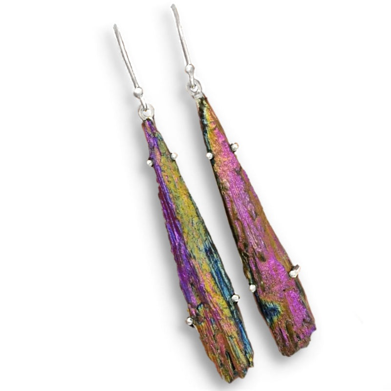 Natural Titanium Aura Kyanite Gemstone Solid .925 Sterling Silver Earrings