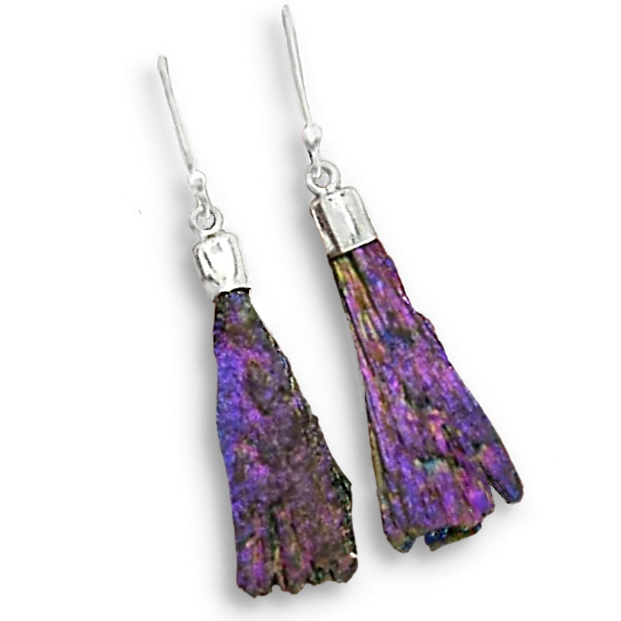 Natural Titanium Aura Kyanite Gemstone Solid .Sterling .925 Silver Earrings