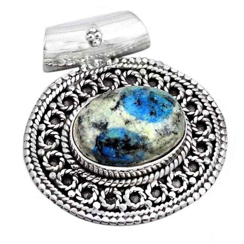 Natural Blue K2 Azurite In Quartz Gemstone  Solid .925 Silver Fine Pendant