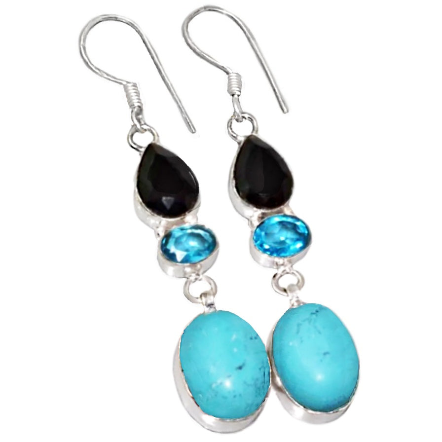 Handmade Black Onyx, Blue Topaz, Turquoise Gemstone .925 Sterling Silver Earrings